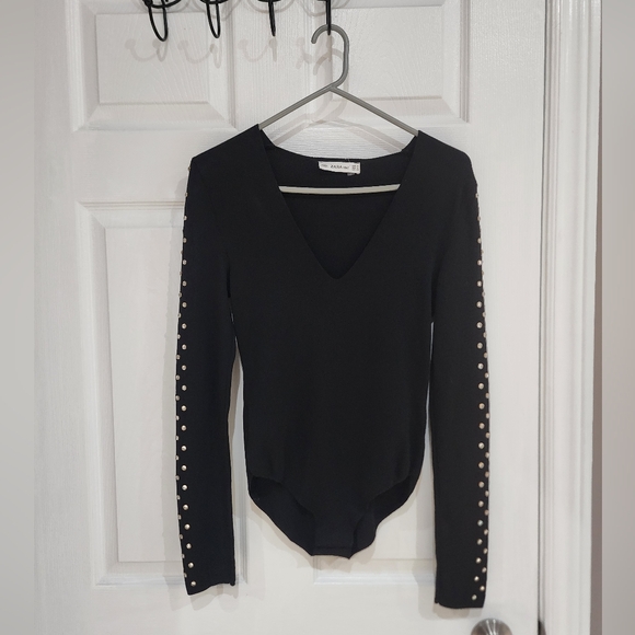 Zara Bodysuit With Bead Trim Black Long Sleeve Large - Picture 3 of 6